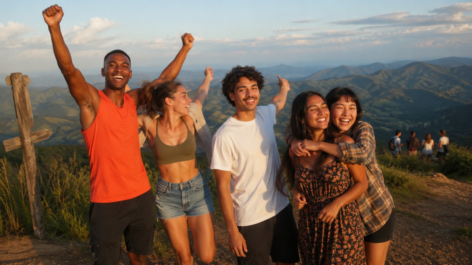 Grupo de amigos comemorando no mirante