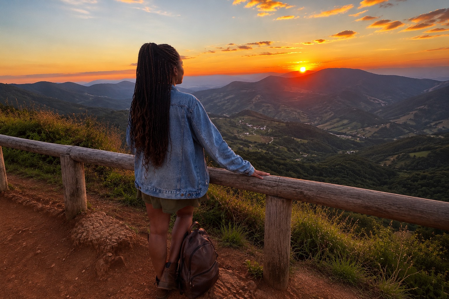 Mulher de costas no mirante ao pôr do sol