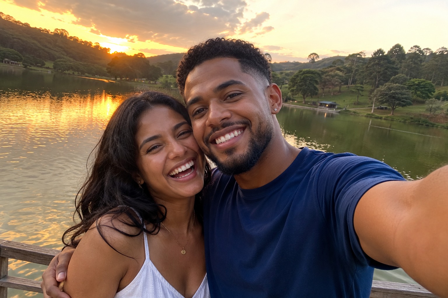 Selfie de casal no mirante ao pôr do sol